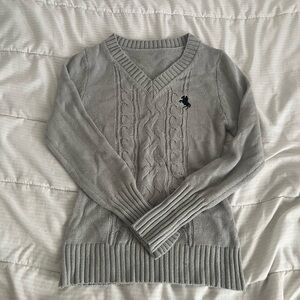 Gray V-Neck Cable Knit Sweater